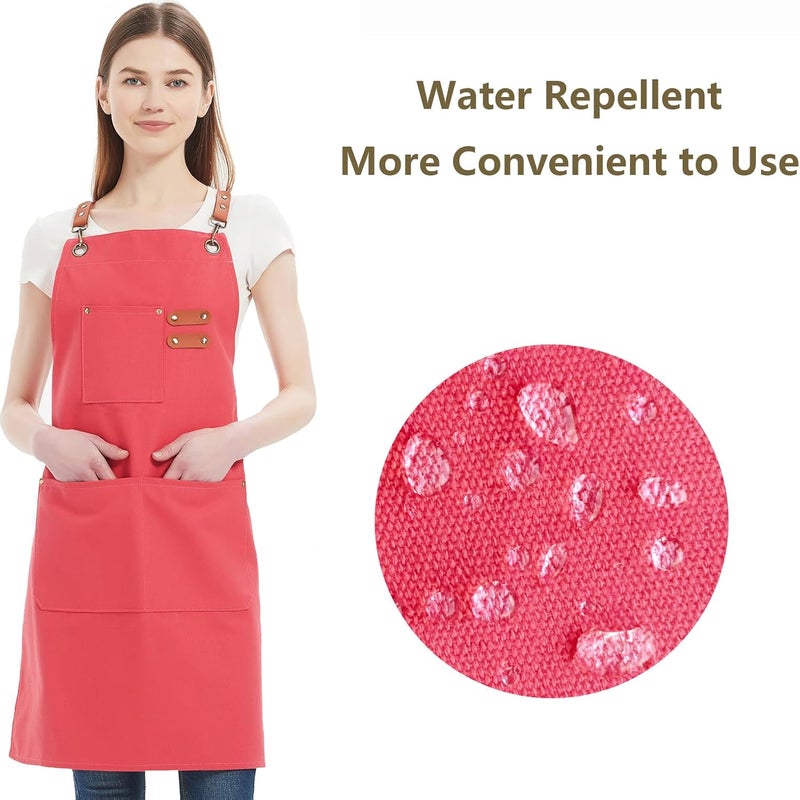 AFUN Chef Aprons for Women Men with Large Pockets, 12-Ounce Cotton Canvas Cross Back Water Repellent Apron (Pink) - Image 2
